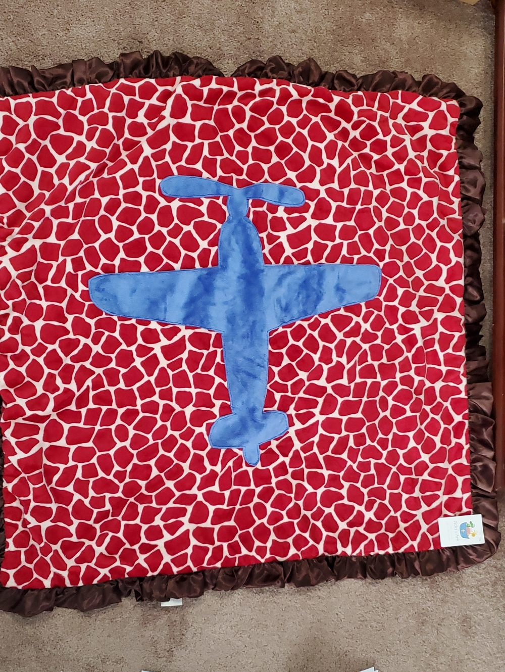 BRAND NEW!! Blue Airplane Plush Baby Blanket with Red Patterned Backing